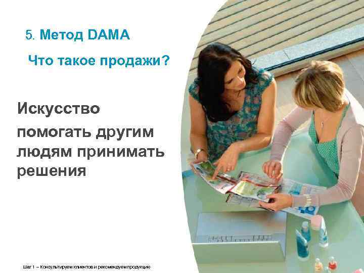 5. Метод DAMA Что такое продажи? Искусство помогать другим людям принимать решения Шаг 1