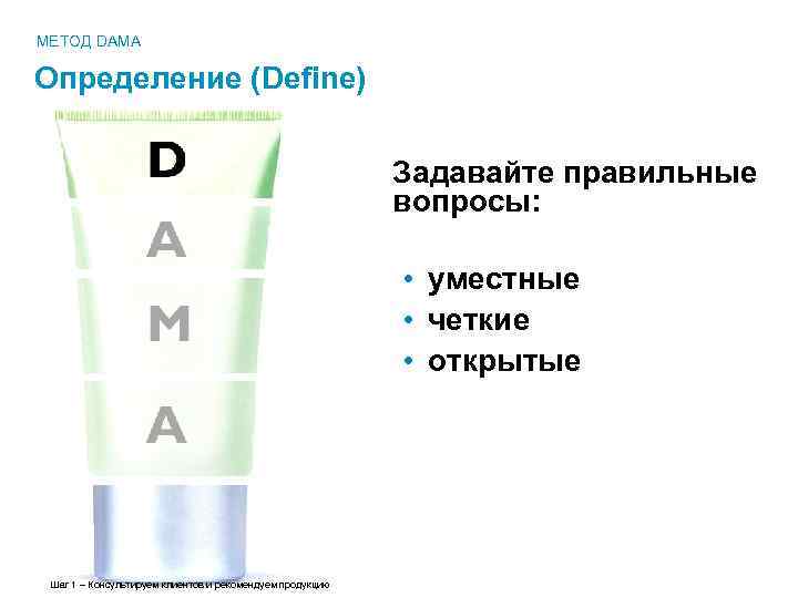 МЕТОД DAMA Определение (Define) Задавайте правильные вопросы: • уместные • четкие • открытые Шаг