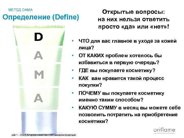 МЕТОД DAMA Определение (Define) Открытые вопросы: на них нельзя ответить просто «да» или «нет»