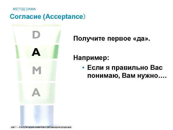 МЕТОД DAMA Согласие (Acceptance) Получите первое «да» . Например: • Если я правильно Вас