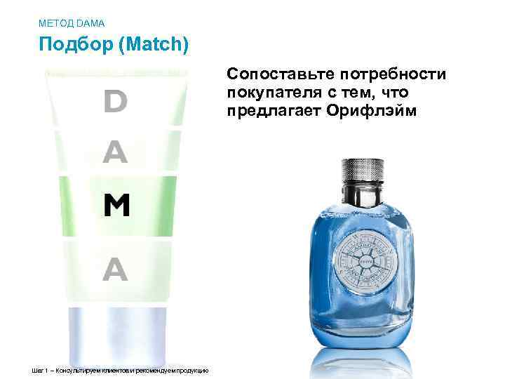 МЕТОД DAMA Подбор (Match) Сопоставьте потребности покупателя с тем, что предлагает Орифлэйм Шаг 1