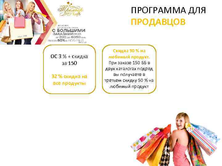 ПРОГРАММА ДЛЯ ПРОДАВЦОВ ОС 3 % + скидка за 150 32 % скидка на
