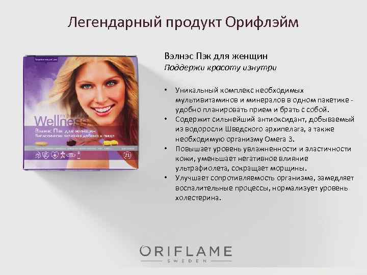 Легендарный продукт Орифлэйм Вэлнэс Пэк для женщин Поддержи красоту изнутри • • Уникальный комплекс