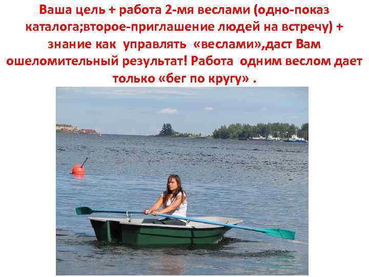 Ваша цель + работа 2 -мя веслами (одно-показ каталога; второе-приглашение людей на встречу) +
