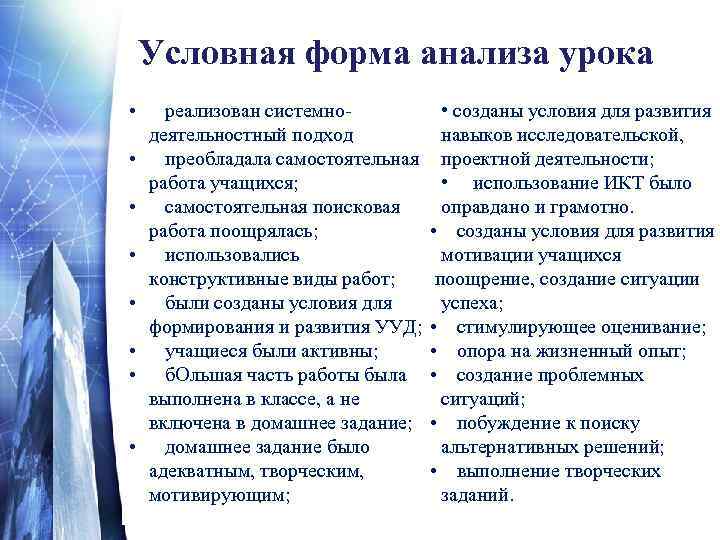 Условная форма анализа урока • • реализован системно • созданы условия для развития деятельностный