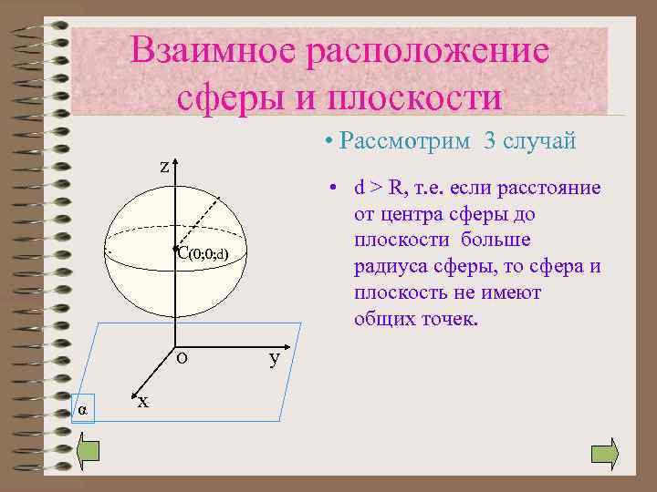 Взаимное расположение сферы и плоскости • Рассмотрим 3 случай z • d > R,