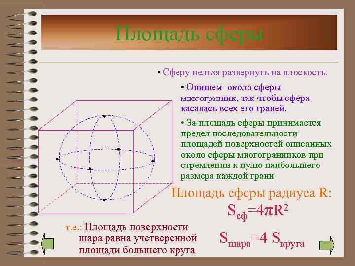 Площадь сферы • Сферу нельзя развернуть на плоскость. • Опишем около сферы многогранник, так