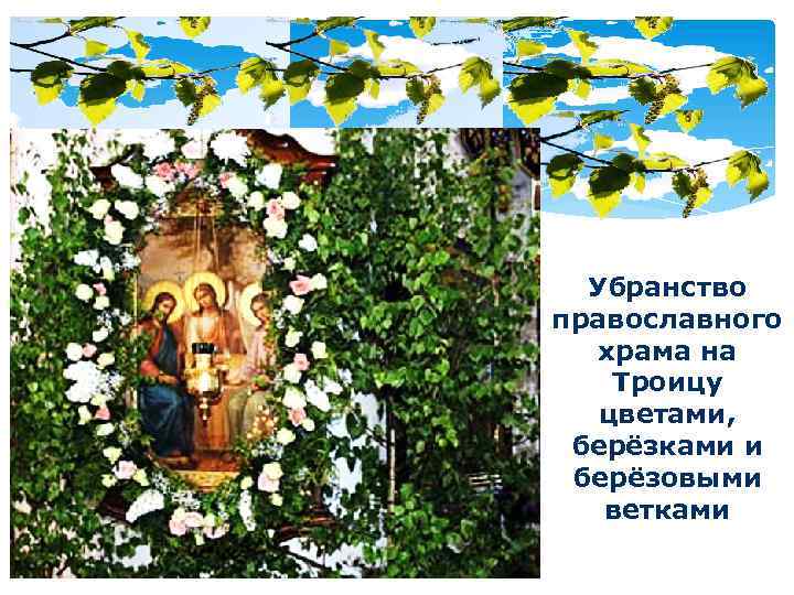 Убранство православного храма на Троицу цветами, берёзками и берёзовыми ветками 