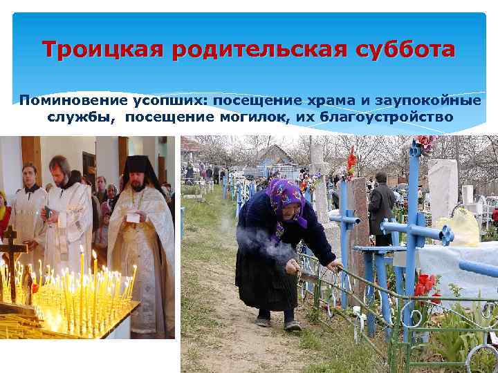 Троицкая родительская суббота Поминовение усопших: посещение храма и заупокойные службы, посещение могилок, их благоустройство