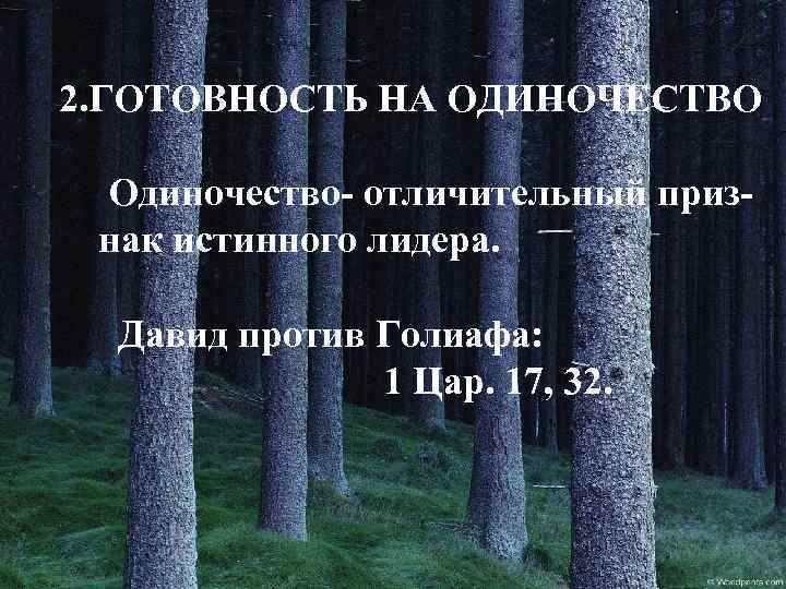 2. ГОТОВНОСТЬ НА ОДИНОЧЕСТВО Одиночество- отличительный признак истинного лидера. Давид против Голиафа: 1 Цар.