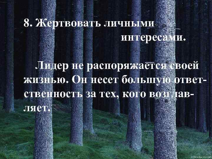 8. Жертвовать личными интересами. Лидер не распоряжается своей жизнью. Он несет большую ответственность за