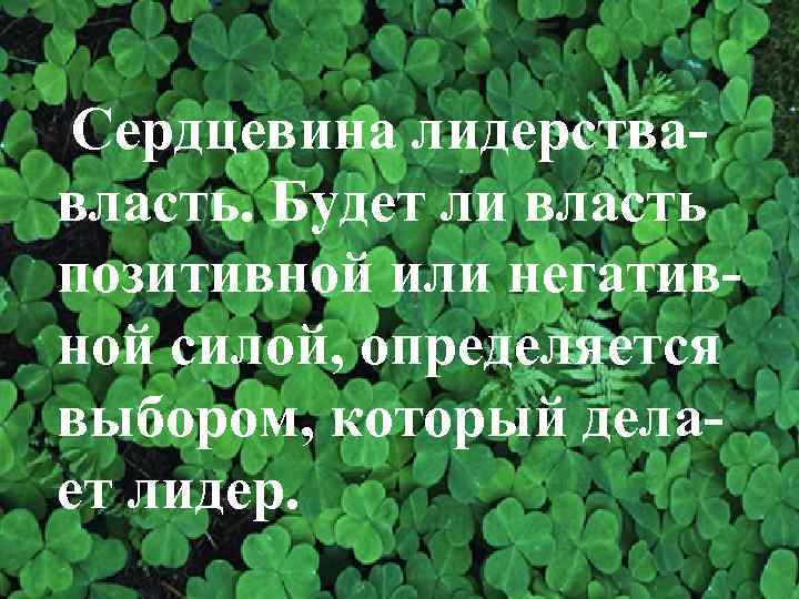 Сердцевина лидерствавласть. Будет ли власть позитивной или негативной силой, определяется выбором, который делает лидер.