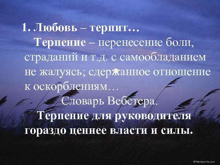 1. Любовь – терпит… Терпение – перенесение боли, страданий и т. д. с самообладанием