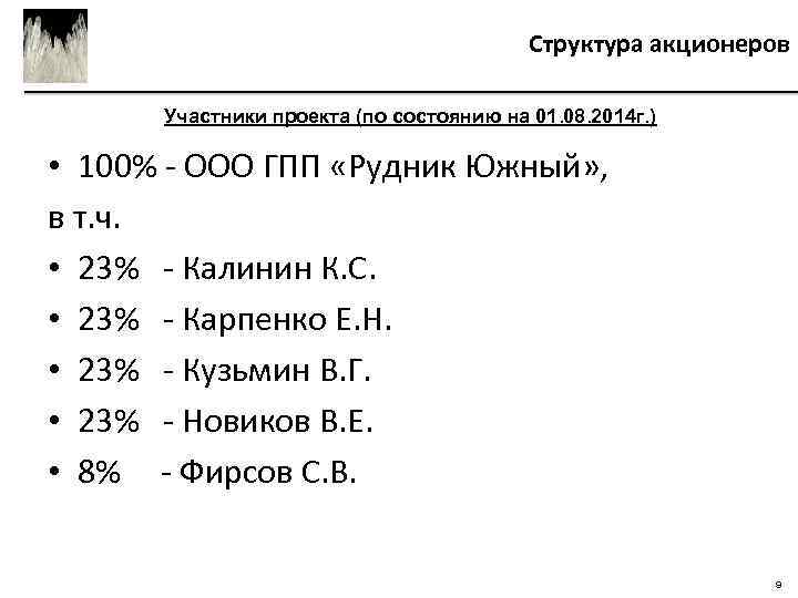 Структура акционеров Участники проекта (по состоянию на 01. 08. 2014 г. ) • 100%