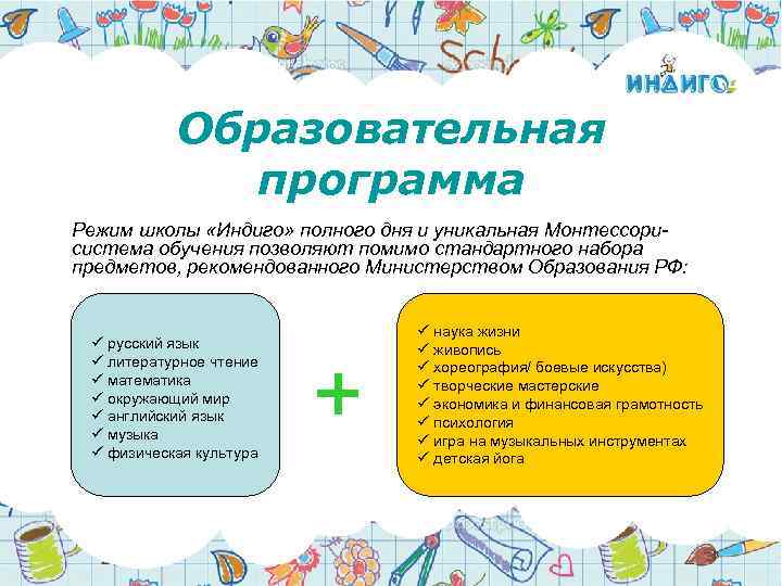 Образовательная программа Режим школы «Индиго» полного дня и уникальная Монтессорисистема обучения позволяют помимо стандартного