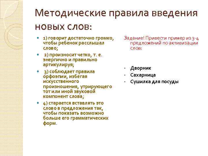 Методические правила введения новых слов: 1) говорит достаточно громко, чтобы ребенок расслышал слово; 2)