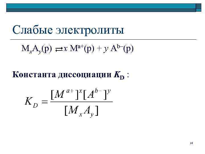 Слабые электролиты Mx. Ay(р) x Ma+(р) + y Ab–(р) Константа диссоциации KD 14 