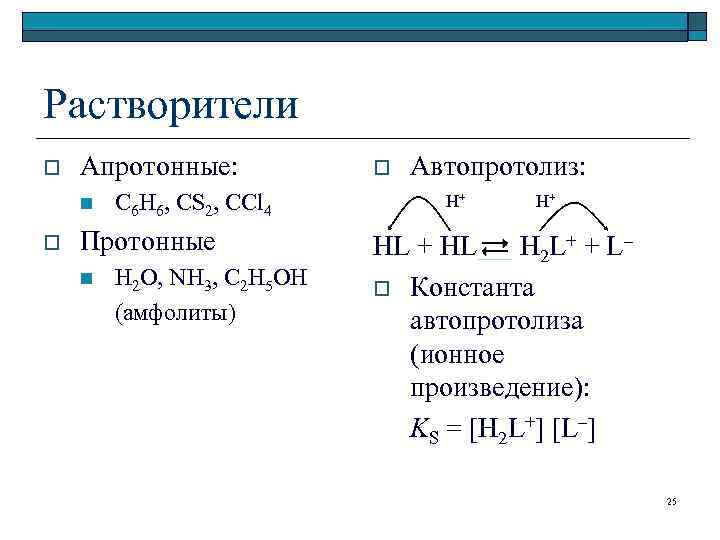 Растворители o Апротонные: n o C 6 H 6, CS 2, CCl 4 Протонные