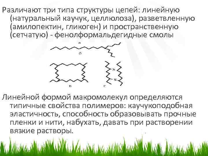 Различают три типа структуры цепей: линейную (натуральный каучук, целлюлоза), разветвленную (амилопектин, гликоген) и пространственную