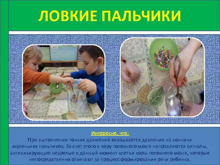 ЛОВКИЕ ПАЛЬЧИКИ Интересно, что: При выполнении тонких движений оказывается давление на кончики маленьких пальчиков.