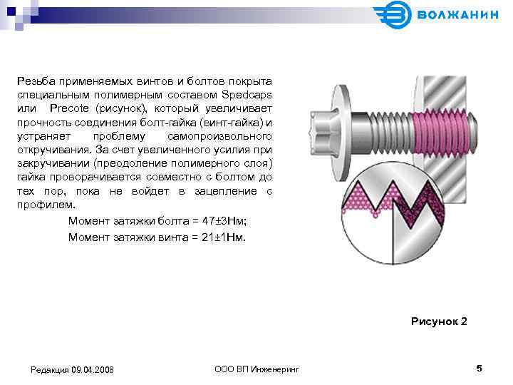 Резьба применяемых винтов и болтов покрыта специальным полимерным составом Spedcaps или Precote (рисунок), который