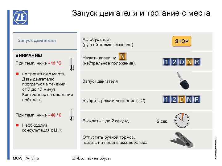 Запуск двигателя и трогание с места Автобус стоит (ручной тормоз включен) Запуск двигателя ВНИМАНИЕ!