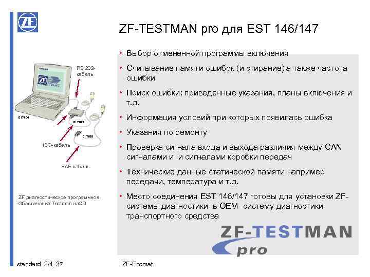 ZF-TESTMAN pro для EST 146/147 • Выбор отмененной программы включения RS 232 кабель •