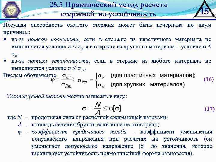 25. 5 Практический метод расчета стержней на устойчивость 15 Несущая способность сжатого стержня может