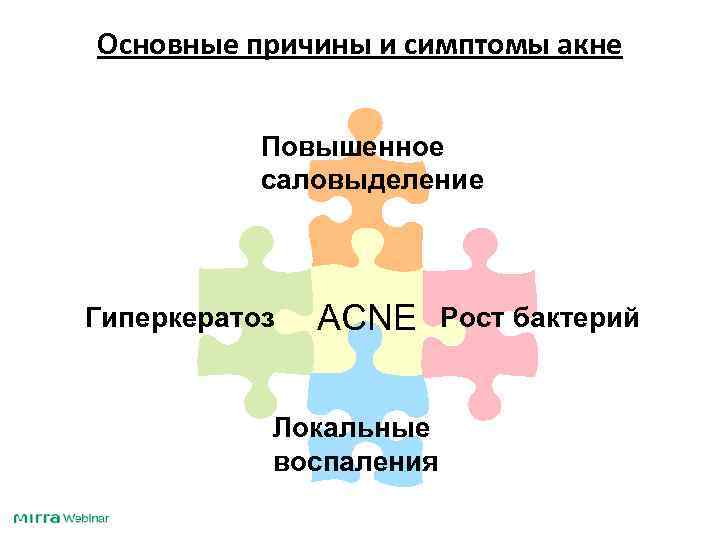 Основные причины и симптомы акне Повышенное саловыделение Гиперкератоз ACNE Локальные воспаления Рост бактерий 