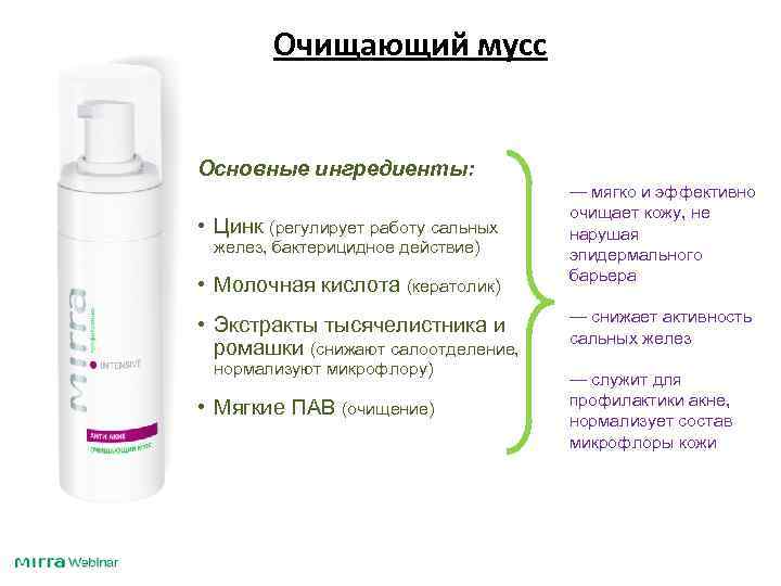 Очищающий мусс Основные ингредиенты: • Цинк (регулирует работу сальных желез, бактерицидное действие) • Молочная