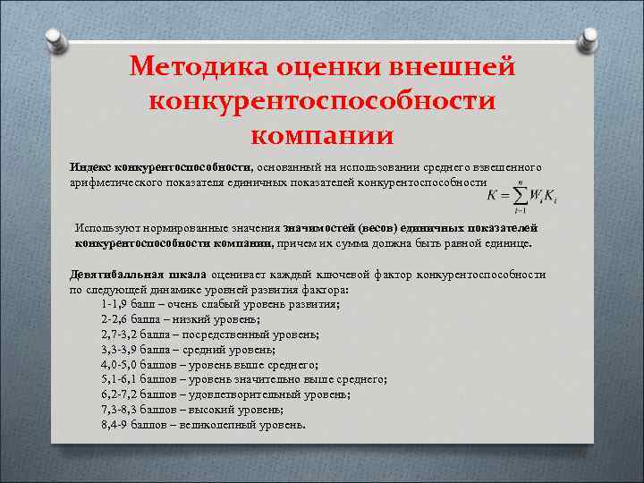 Методика оценки внешней конкурентоспособности компании Индекс конкурентоспособности, основанный на использовании среднего взвешенного арифметического показателя