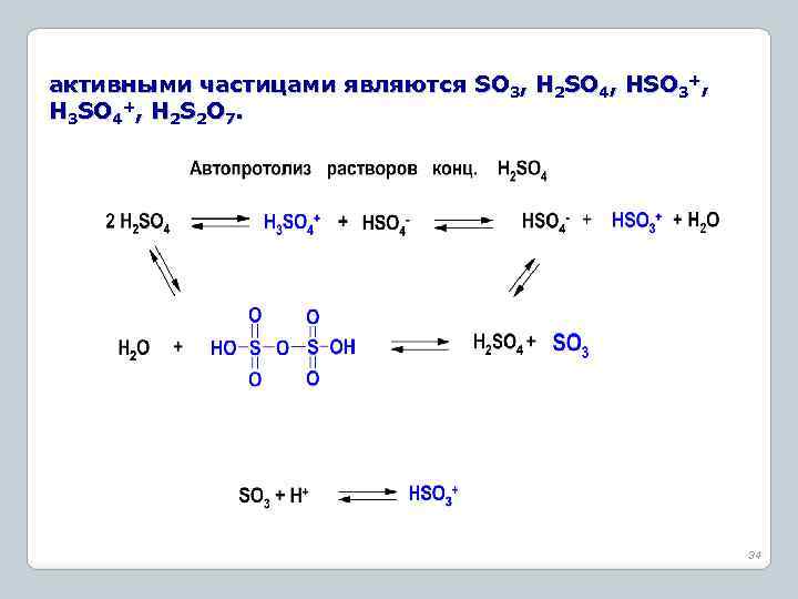 активными частицами являются SO 3, H 2 SO 4, HSO 3+, H 3 SO