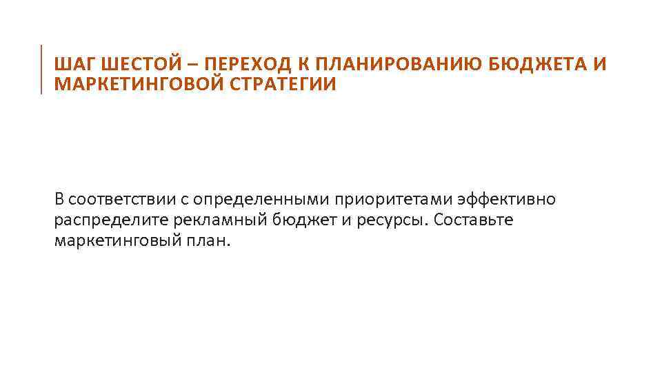 ШАГ ШЕСТОЙ – ПЕРЕХОД К ПЛАНИРОВАНИЮ БЮДЖЕТА И МАРКЕТИНГОВОЙ СТРАТЕГИИ В соответствии с определенными