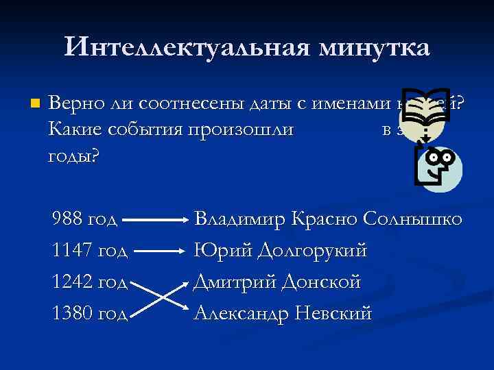 Интеллектуальная минутка n Верно ли соотнесены даты с именами князей? Какие события произошли в