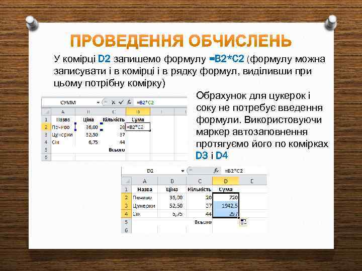 У комірці D 2 запишемо формулу =B 2*C 2 (формулу можна записувати і в