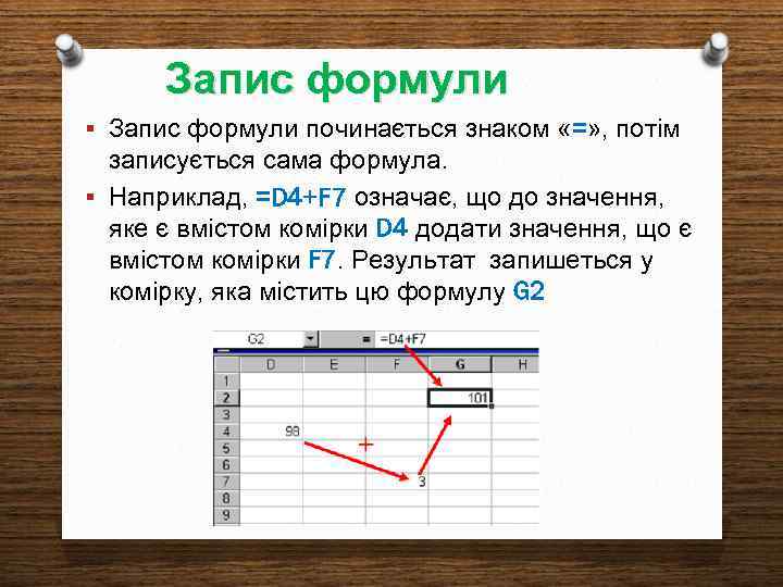 Запис формули § Запис формули починається знаком «=» , потім записується сама формула. §