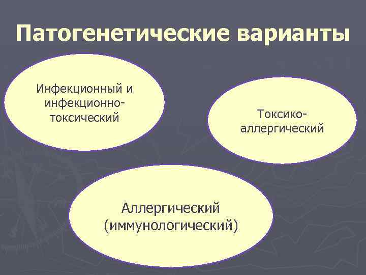 Патогенетические варианты Инфекционный и инфекционнотоксический Аллергический (иммунологический) Токсикоаллергический 