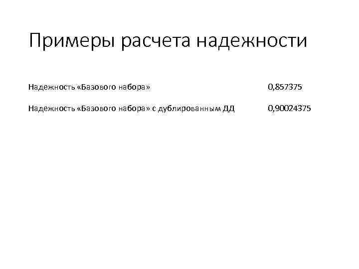 Примеры расчета надежности Надежность «Базового набора» 0, 857375 Надежность «Базового набора» с дублированным ДД