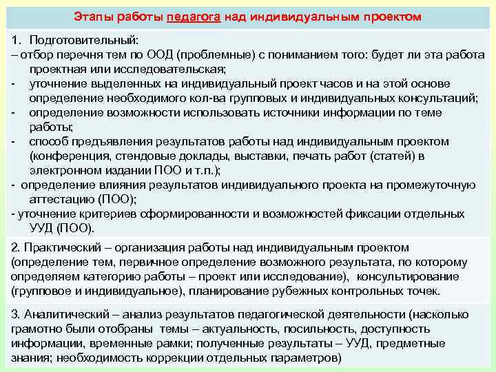 Этапы работы педагога над индивидуальным проектом 1. Подготовительный: – отбор перечня тем по ООД