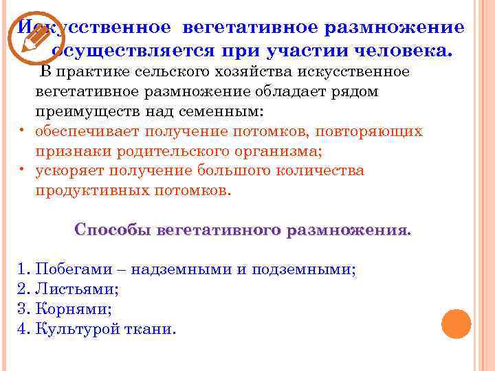 Искусственное вегетативное размножение осуществляется при участии человека. В практике сельского хозяйства искусственное вегетативное размножение