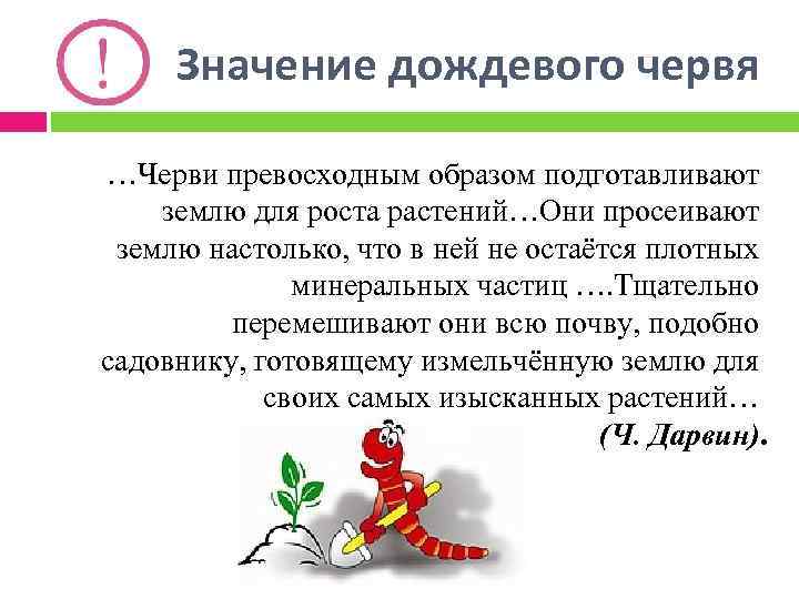 Значение дождевого червя …Черви превосходным образом подготавливают землю для роста растений…Они просеивают землю настолько,