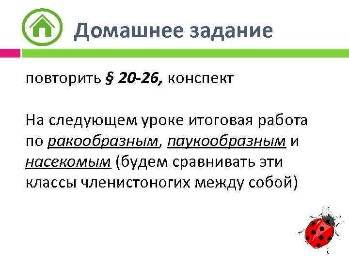 Домашнее задание повторить § 20 -26, конспект На следующем уроке итоговая работа по ракообразным,