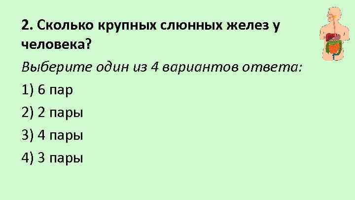 2. Сколько крупных слюнных желез у человека? Выберите один из 4 вариантов ответа: 1)