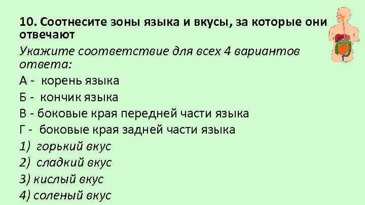 10. Соотнесите зоны языка и вкусы, за которые они отвечают Укажите соответствие для всех