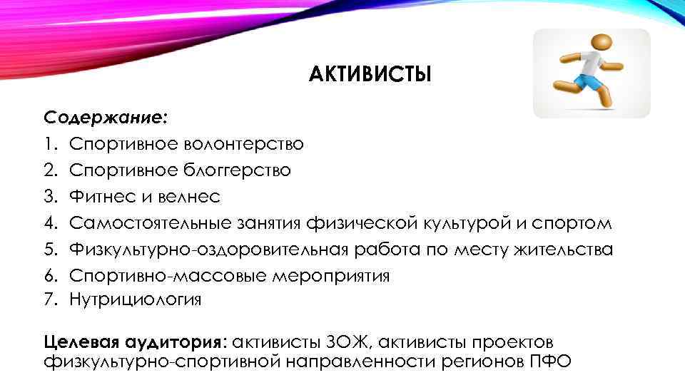 АКТИВИСТЫ Содержание: 1. Спортивное волонтерство 2. Спортивное блоггерство 3. Фитнес и велнес 4. Самостоятельные