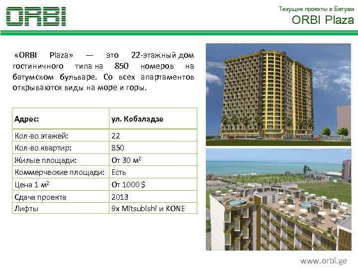 Текущие проекты в Батуми ORBI Plaza «ORBI Plaza» — это 22 -этажный дом гостиничного