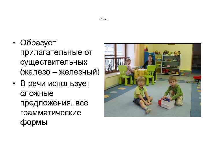 5 лет • Образует прилагательные от существительных (железо – железный) • В речи использует