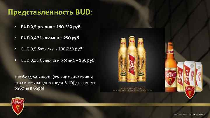 Представленность BUD: • BUD 0, 5 розлив – 190 -230 руб • BUD 0,