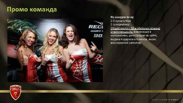 Промо команда На каждую точку: 2 -3 промоутера 1 супервайзер Общее число – 68