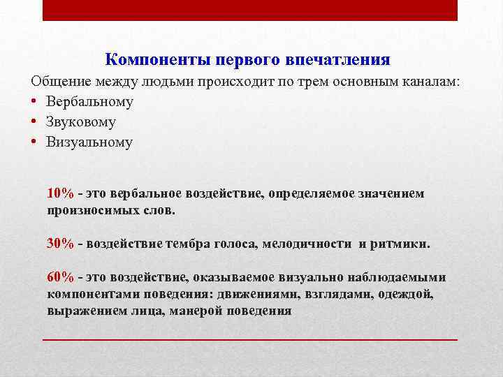Компоненты первого впечатления Общение между людьми происходит по трем основным каналам: • Вербальному •